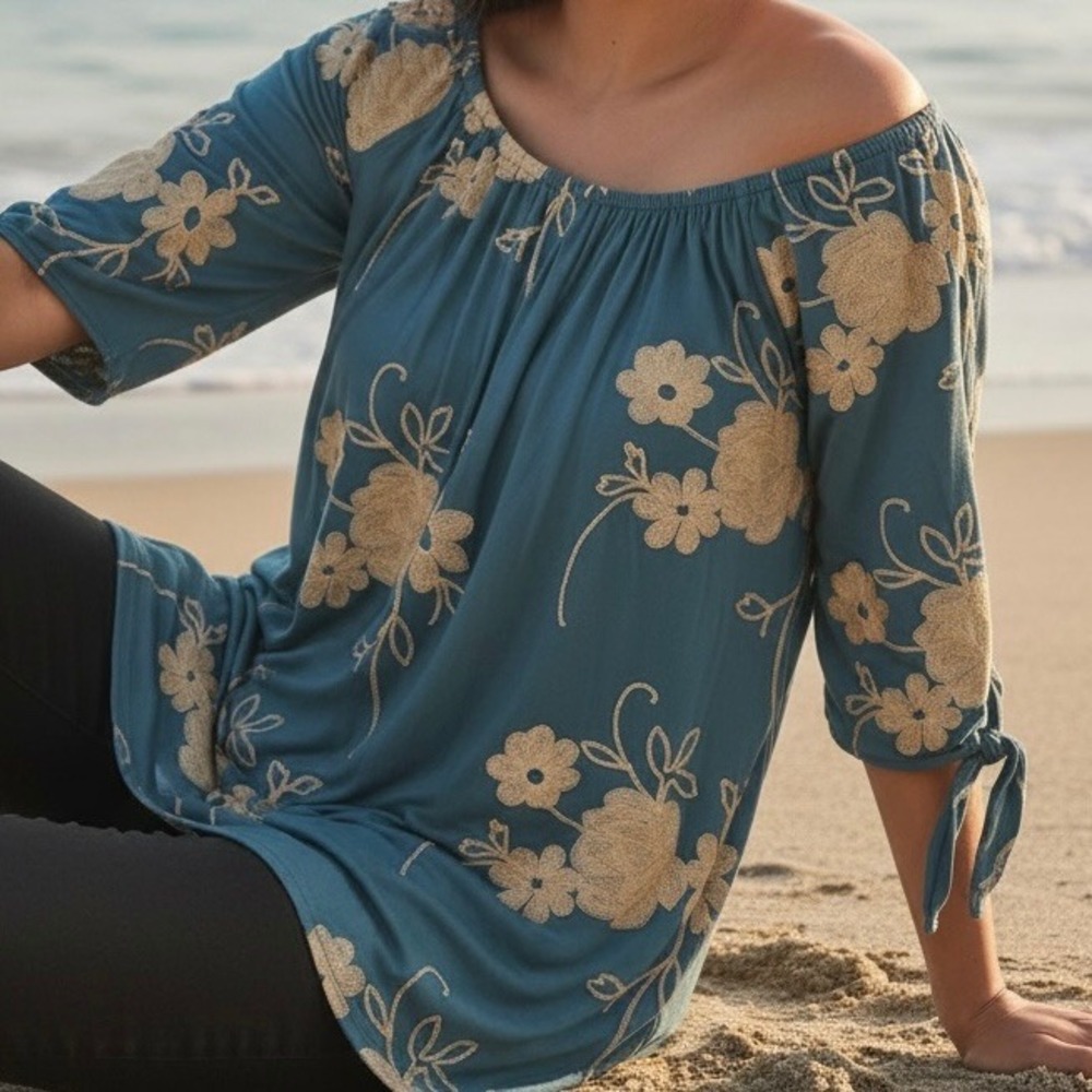 Womens 2X Blouse Top Teal Floral Embroidered Off Shoulder Boho Peasant Coastal